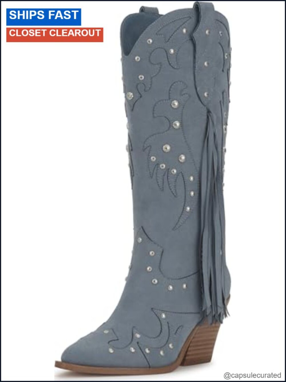 Faux Leather Western Fringe Knee High Boots Stacked Heel Almond Toe